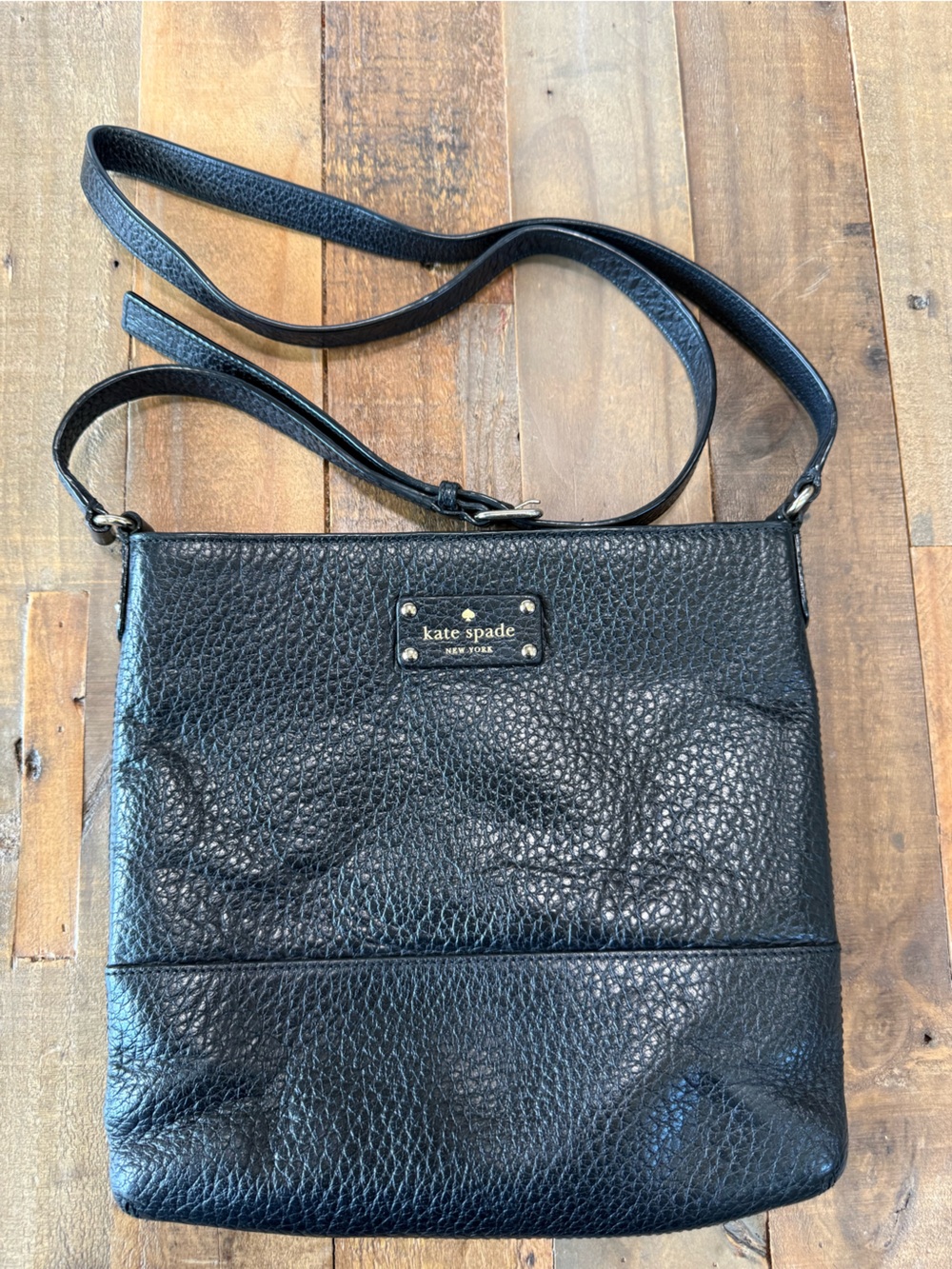kate spade Black Pebbled Leather Crossbody with Gold Logo Plate